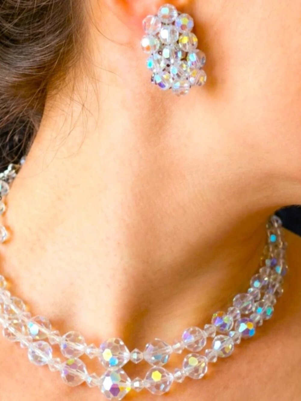 Vintage Double strand Aurora Borealis AB crystal Necklace Earrings Set